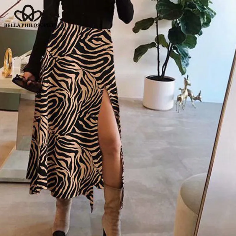 Wonder Sexy Split Long Maxi Skirts Vintage Zebra Animal Print Female A-Line Skirts Casual Lady High Waist Skirts Bottoms 2019
