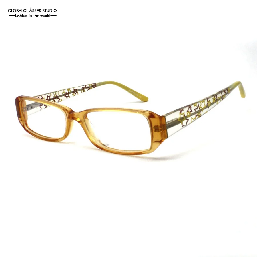 

Rectangle Lens Children Acetate Glasses Frame Girls Crystal Orange Rim Star Pattern Flex Temple Prescription Eyeglasses 9153 410