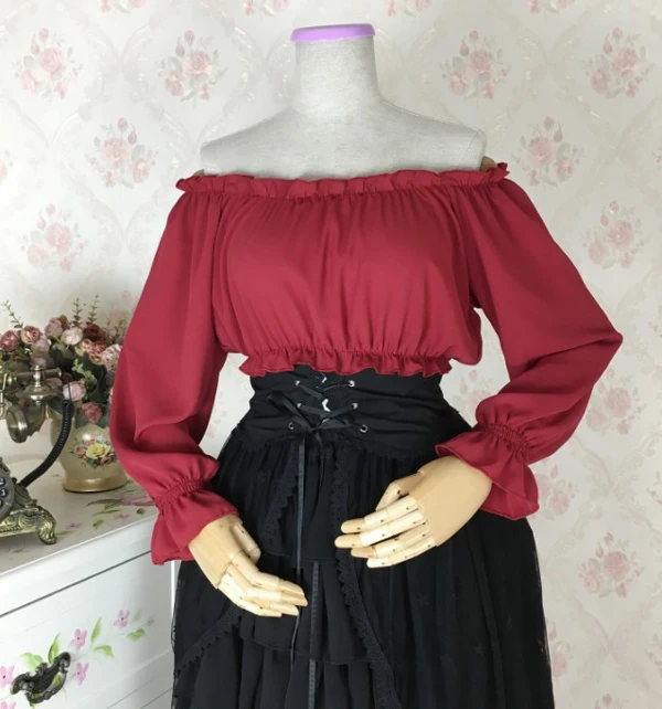 

Sweet Off the Shoulder Chiffon Crop Top Long Sleeve Blouse for Women