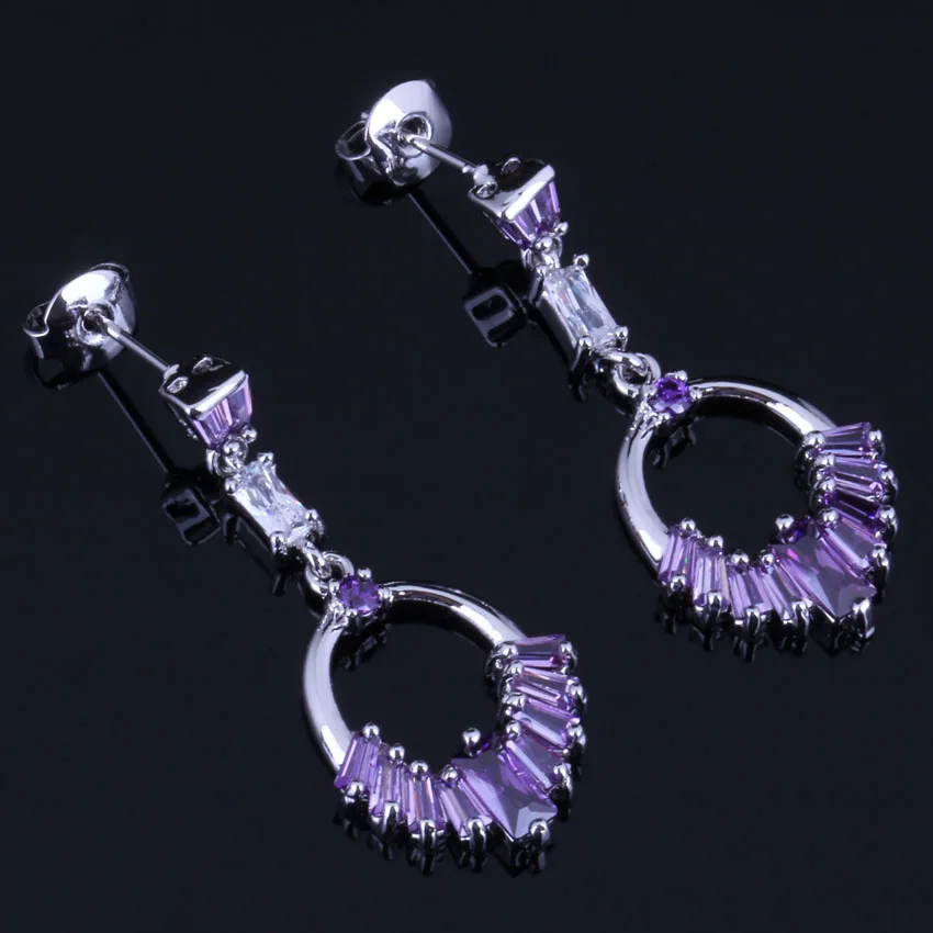 

Elegant Purple Cubic Zirconia White CZ Silver Plated Drop Dangle Earrings V0736