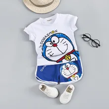 Комплект одежды для малышей; милая детская одежда для мальчиков и девочек с героями мультфильмов; синяя хлопковая футболка+ шорты; костюм для детей; одежда с изображением кота робота