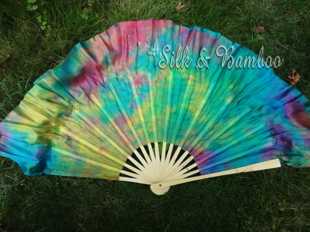 

Tie-dye Turquoise+yellow+pink, 1 pair 30cm bamboo+10cm Chinese dance silk fan(flutter), 2 layers real silk!