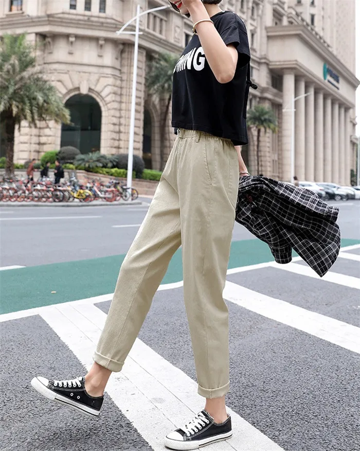 Бежевый Высокая талия повседневные штаны женские свободные весна осень 2019 новые женские корейские узкие шаровары большие размеры девять