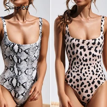 Simplee Sexy leopard snake print one piece women bodysuit High cut summer swimwear female font b