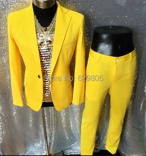 

New come fashion yellow male singer dancer suit set costume DJ performances Hornet DS light men's stage wear bodysuit jacket