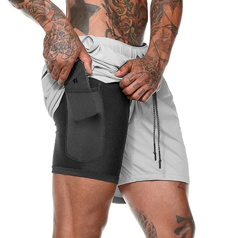 Шорты для бега быстросохнущие повседневные шорты военные поддельные из двух частей спортивные мужские шорты для фитнеса EW003 - Цвет: French grey