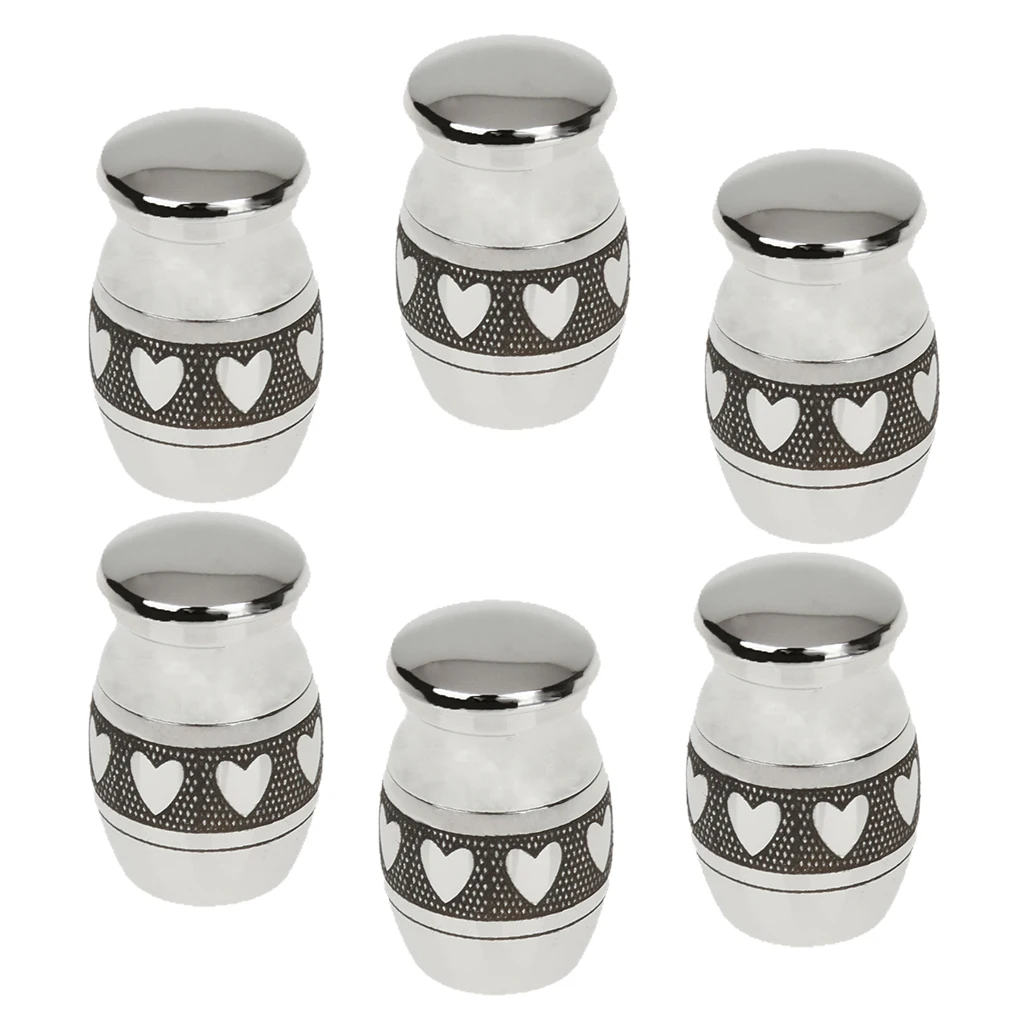 6pcs Heart Pattern Stainless Steel Cremation Urn Ash Holder Memorial Container Mini Jar Pot Pendant Jewelry