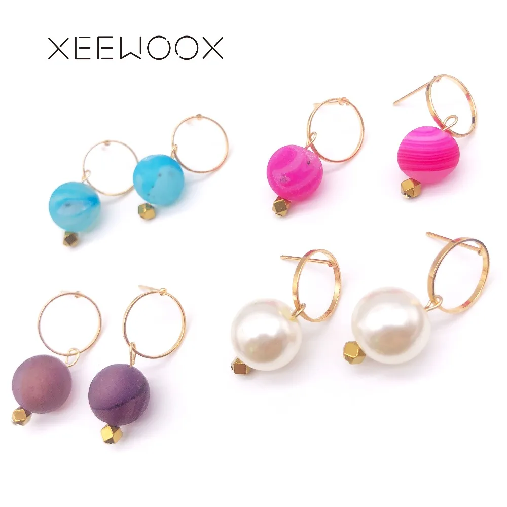 

Colorful Pink Blue Purple Natural Stone White Pearl ball Drop Earring Woman Statement Drop Earring XEEWOOX Design Party Gift