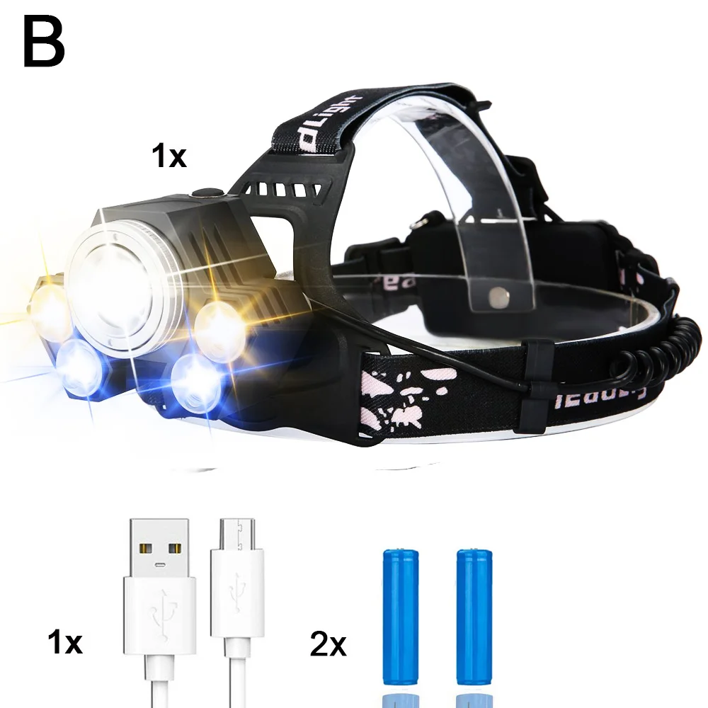 EZK20 дропшиппинг светодиодный налобный фонарь 5 режимов USB Перезаряжаемый водонепроницаемый светильник-вспышка 3 светильник источники для кемпинга - Испускаемый цвет: With Two Batteries