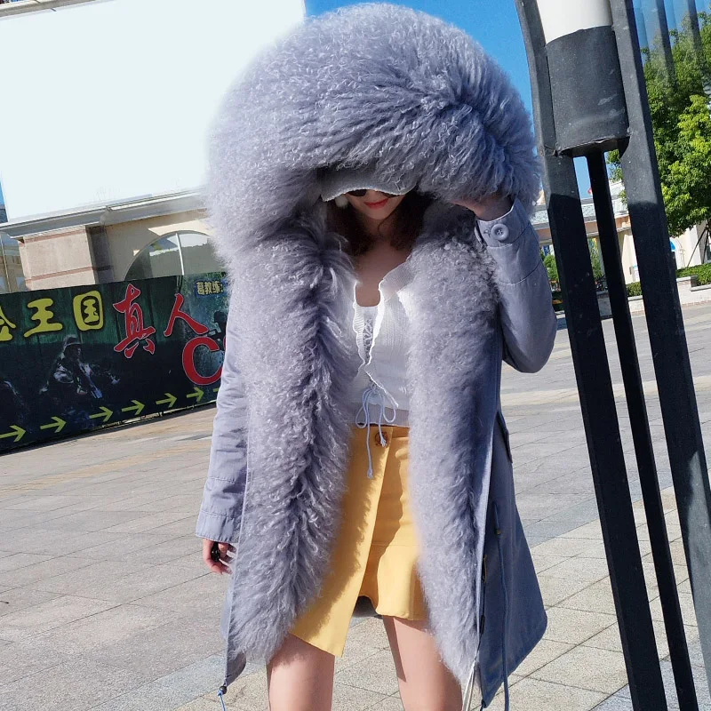 

2018 MAO MAO KONG Fashion Women's Luxurious lamb fur parka mongolia sheep fur Hooded Coat Outwear Winter Jacket