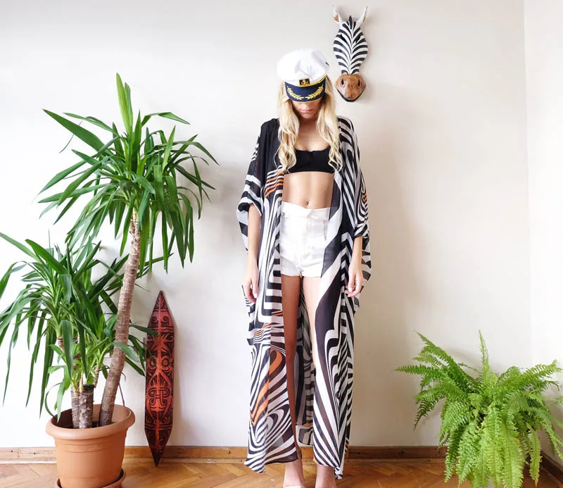 Fitshinling Big sizes chiffon beach cover up striped batwing sleeve kimono swimwear long cardigan summer swimsuits outerwear hot
