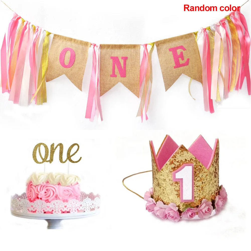 

DIY High Chair With Hat 1st Birthday Decoration Burlap Letter Cartoon Colorful Banner Set Baby Happy Girl Boy Cake Smash