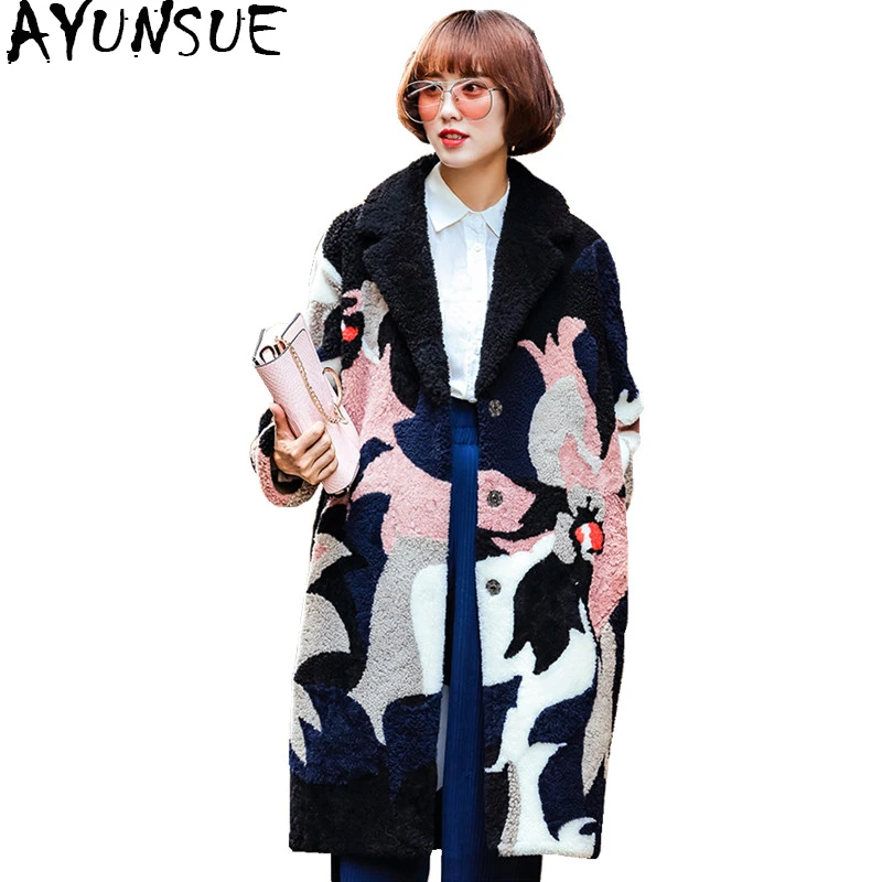 

AYUNSUE European American Real Fur Coat Natural Fur One Outerwear Genuine Sheep Shearing Coats Long Women's Winter Jacket BL7114