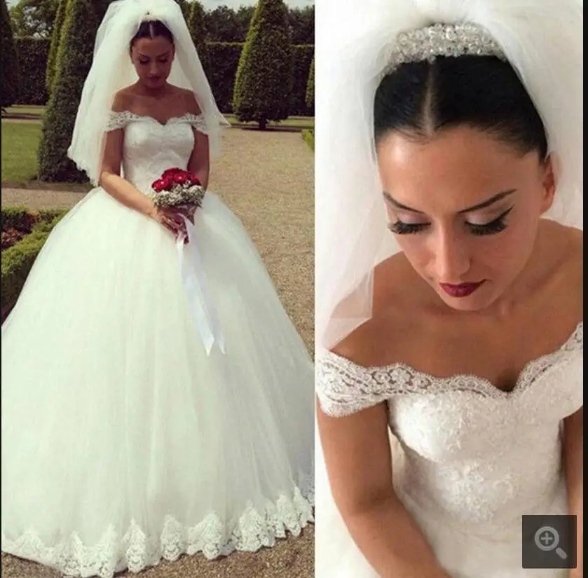 

Vintage Ball Gown wedding dress 2017 New Boat Neck Lace Appliques puffy White Tull Arabic Wedding Dresses Cheap Bridal Gowns