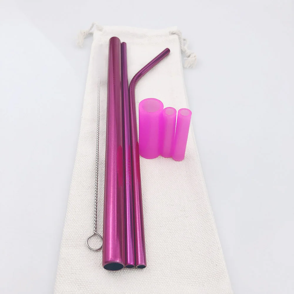 5pcs 304 Stainless Steel Sharp Pointy End Straw Reusable Metal Drinking Straws Set with Brush Bag For Home Party Bar Accessories