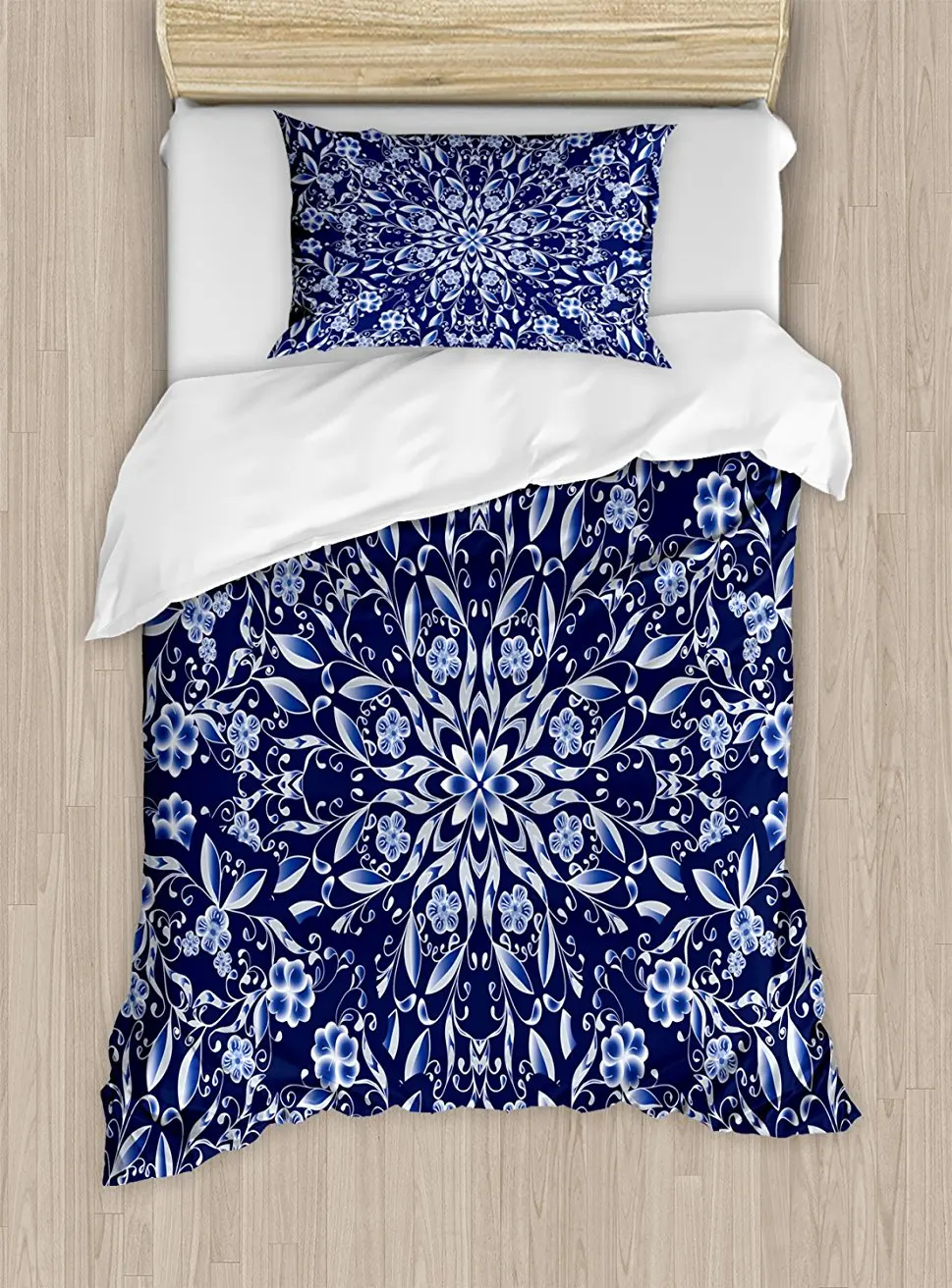 

Dark Blue Duvet Cover Set Chinese Painting Style Artwork Traditional Floral Interlace Print 4 Piece Bedding Set