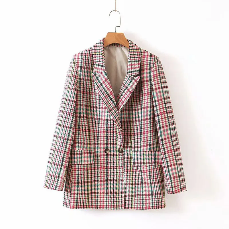 2019 Vintage Office Ladies Plaid Blazer Women Button Long Sleeve Suit Coat Female Double Breasted Jacket blazers Femme Outerwear