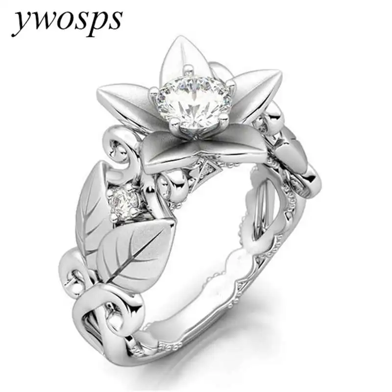 

YWOSPX Elegant Silver Color Flower Cubic Zirconia Rings For Women Fashion Jewelry Wedding Zircon Leaves Ring Anillos Bijoux Y40