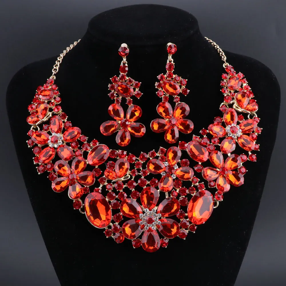 OEOEOS Gold Color Luxury Crystal Bridal Jewelry Sets Flower Shaped Rhinestone Necklace Earrings Prom Wedding | Украшения и