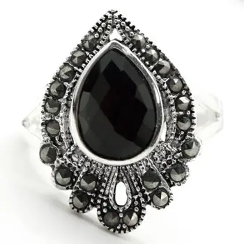 

NATURAL DROP BLACK JADE AGATES MARCASITE 925 STERLING SILVER RING SIZE 7/8/9/10