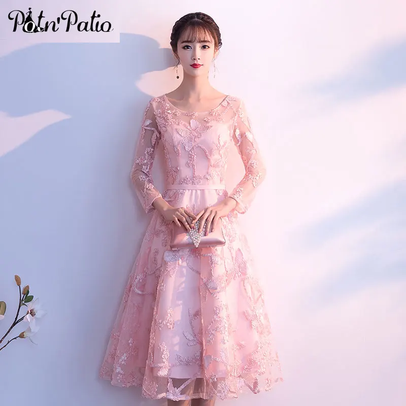 

Pink Prom Dresses Long 2019 Plus Size Elegant O-neck A-line Tea-Length Lace Long Sleeves Cocktail Dresses