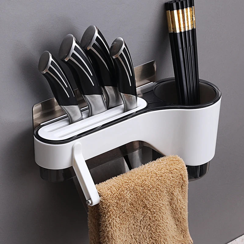 

Kitchen Storage Holder Rack Wall-mounted Kitchen Knife Cooking Tool Holder Chopsticks with Towel Rack Shelf