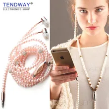 Pink girl Rhinestone Jewelry Pearl Necklace Earphones With Microphone Earbuds For Iphone Xiaomi Brithday Gift fone de ouvido