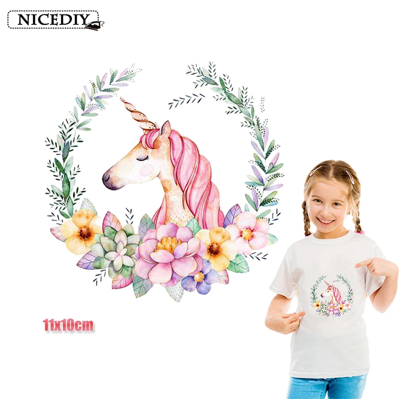 Термоклейкие виниловые нашивки для одежды Nicediy с изображением единорога и цветка
