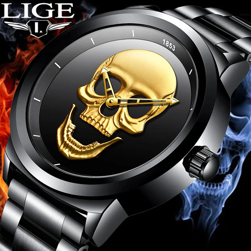 

LIGE Top Brand Luxury Quartz Creative Watch Men Gold Skull Stainless Steel Strap Waterproof Clock Military Sport reloj hombre