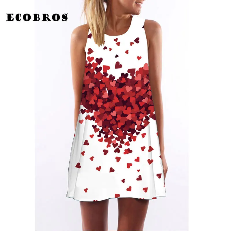 

ECOBROS 2019 hot Woman Summer Dress casual sleeveless Loose peach hearts print mini dresses plus size woman clothing dress