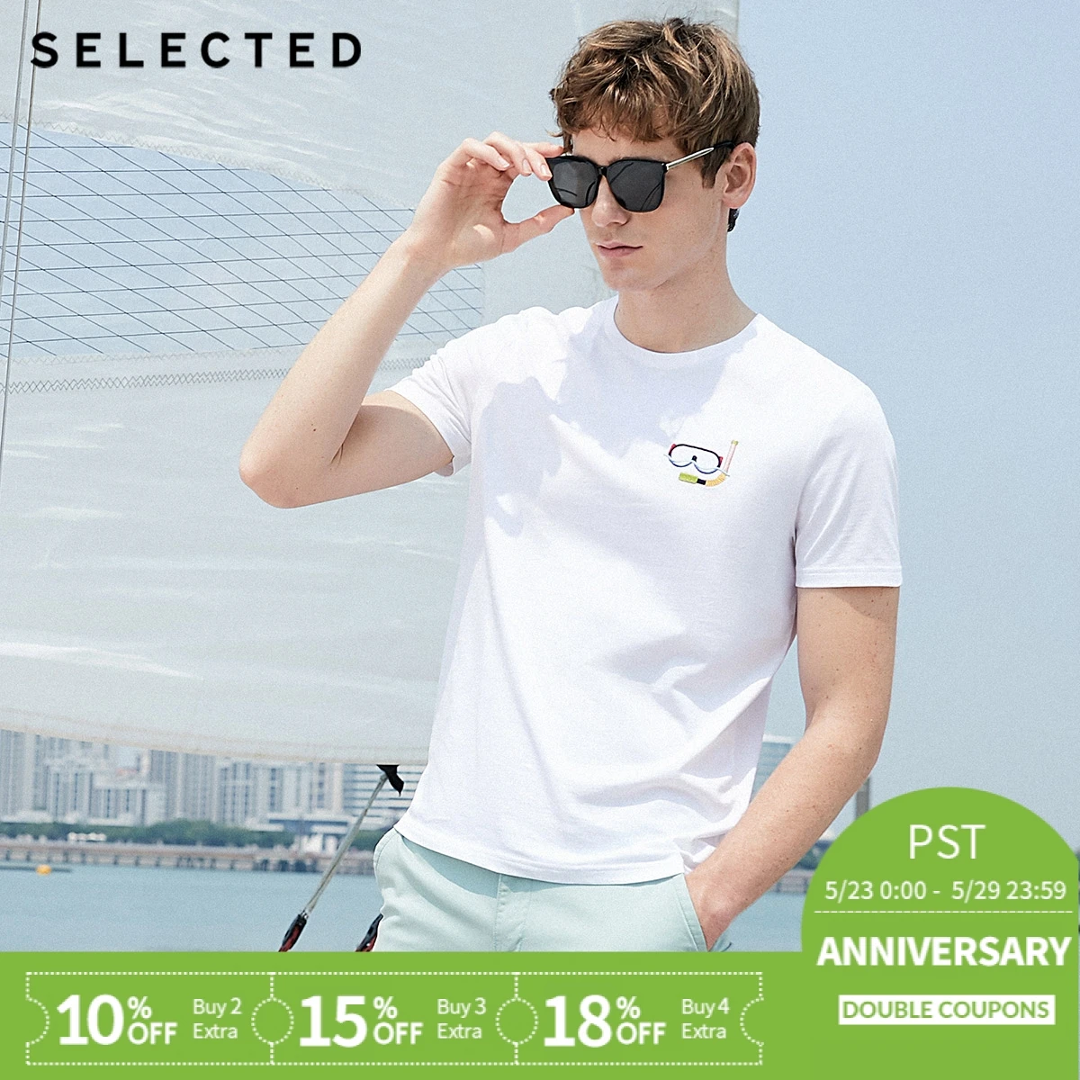 

SELECTED Men's Summer 100% Cotton Embroidered White Short-sleeved T-shirt S|419201632