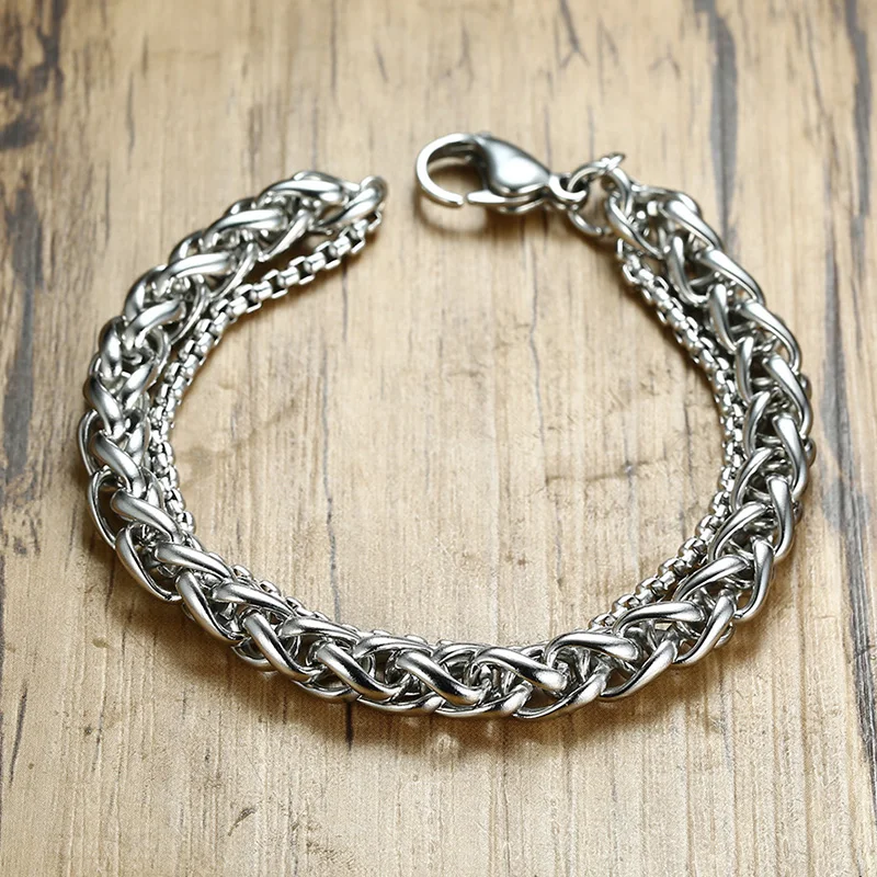 

Men's Double Chains Bracelets Stylish Black Stainless Steel Wheat Box Chain Link Wrist pulsera masculina