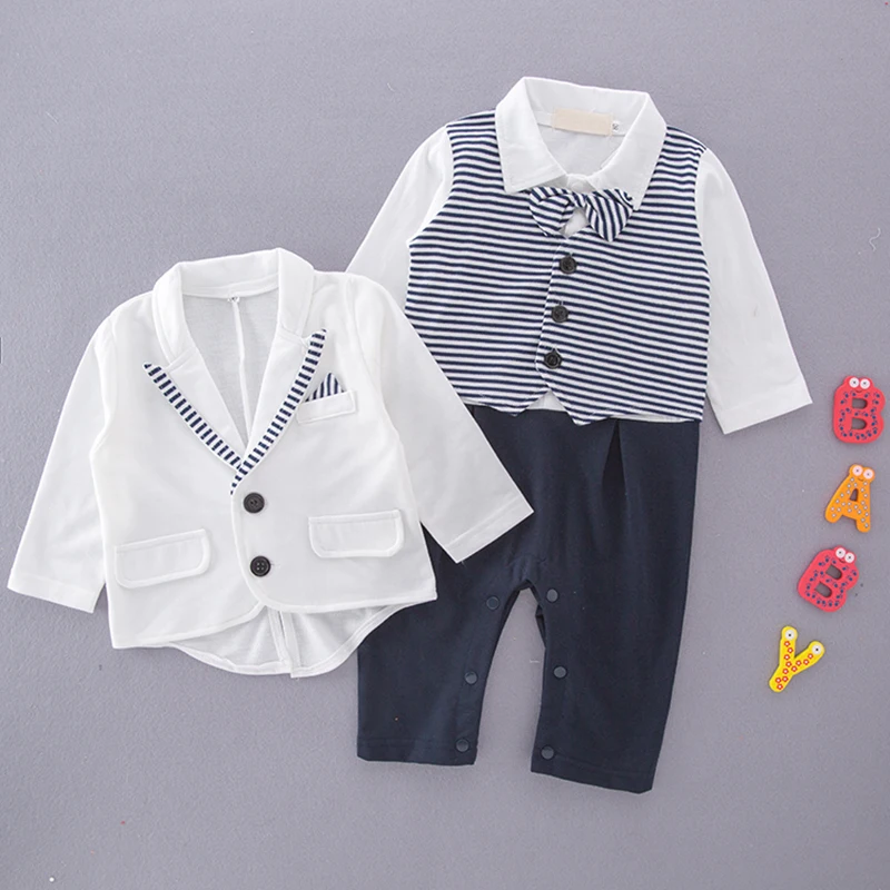 Newborn Baby Boy Suit White Suit Coat With Striped Collar Patchwork Baby Boy Rompers With Bow