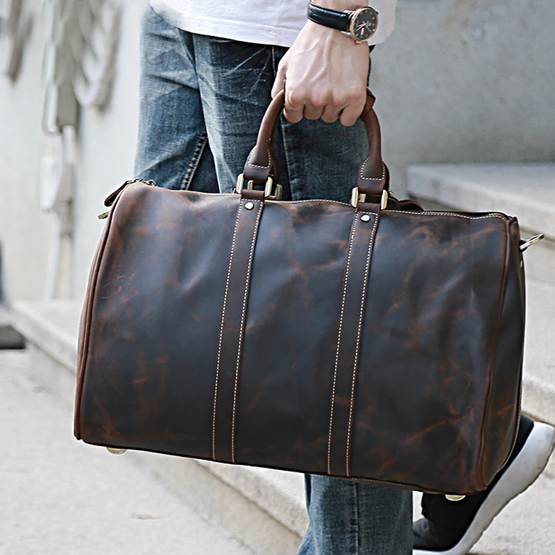

Men's Crazy Horse Leather Travel Duffle Brown Genuine Leather Travel Bag Big Vintage Cow Leather Boston Weekend Bag 7002