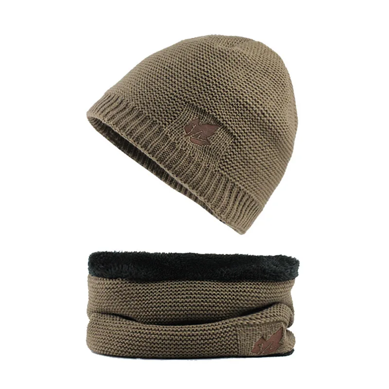 [FLB] Skullies Beanies Winter Knitted Hat Beanie Scarf Men Winter Hats For Men Women Caps Gorras Bonnet Mask Brand Hats F18034 - Цвет: Khaki Set