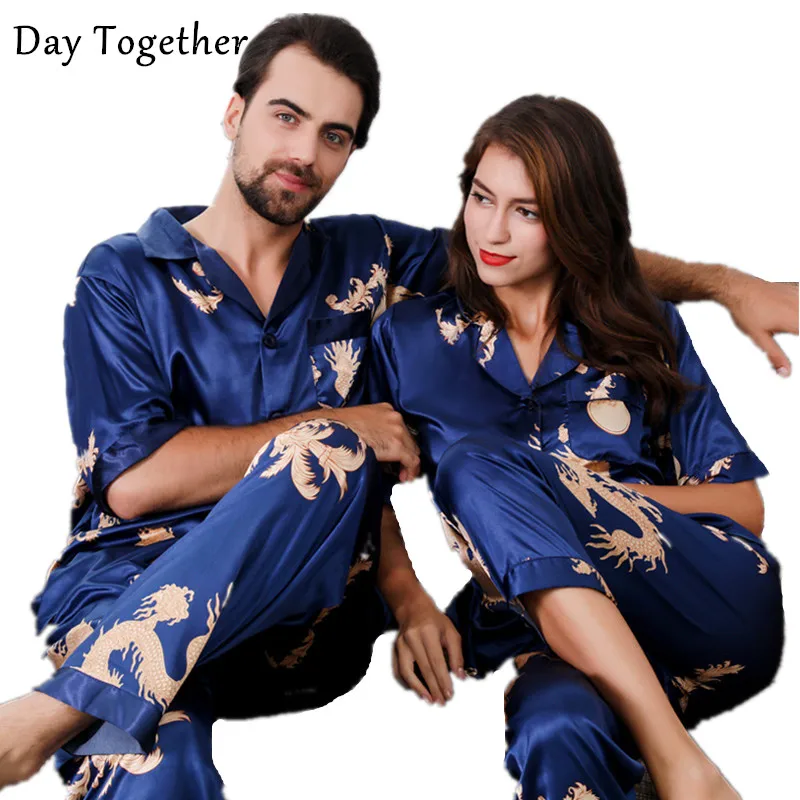 

Summer Couples Silk Pajamas Chinese Dragon Pattern Two Piece Pyjamas Set Short-sleeved Sleepwear Satin Pajama For Men and Women
