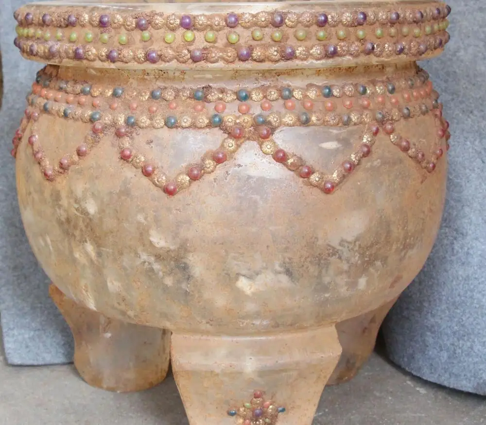 

16"Old Rare Crystal Inlay Gem 3 Foot Ding Incense Burner Censer Pot Jar Tank Jug