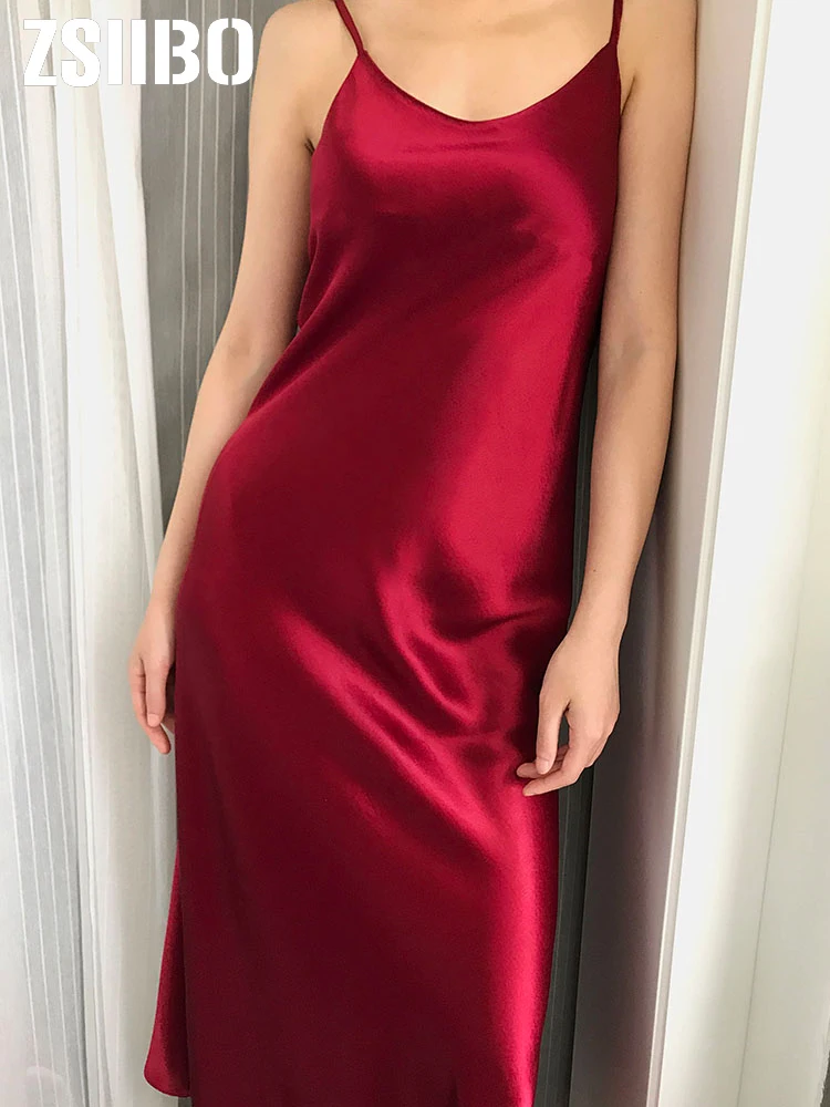

2019 Summer silk dress Sexy Women Sleeveless Spaghetti Strap V-Neck Loose Dresses solid Elegant Party Ankle-Length Vestidos