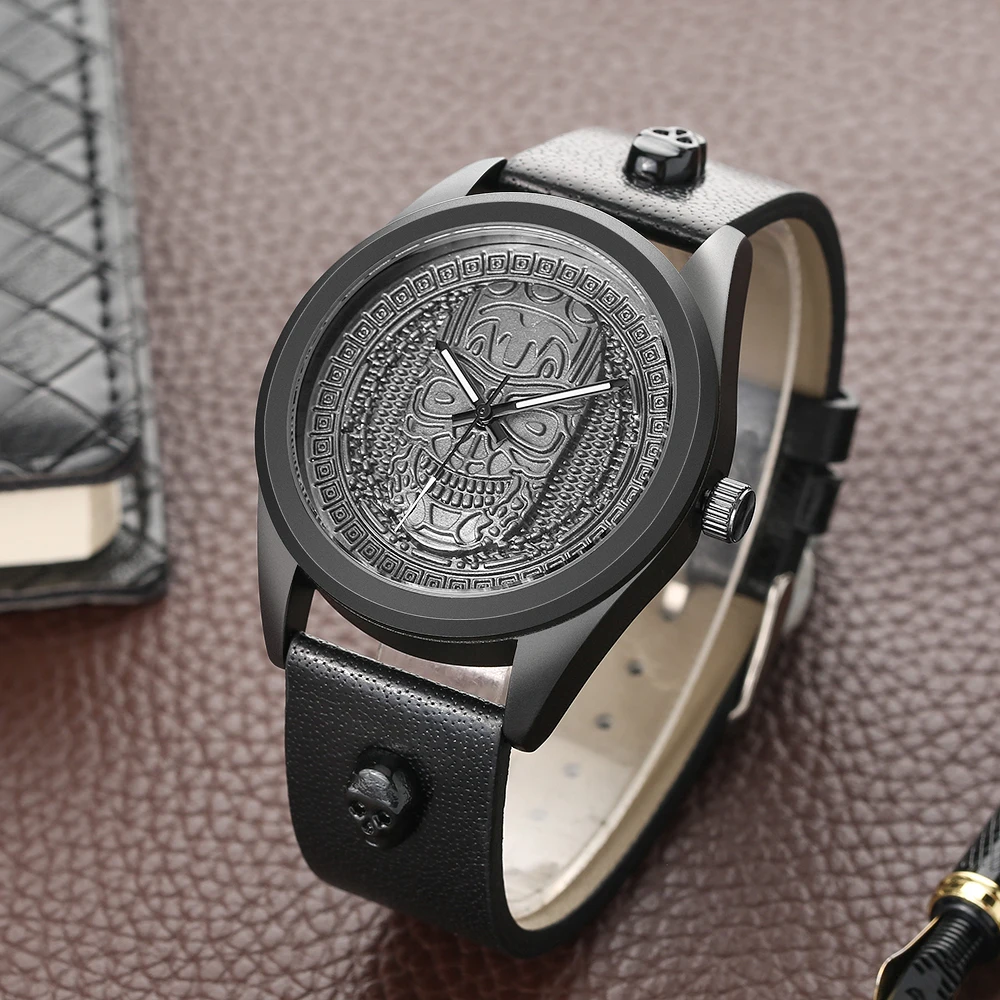Bronze Retro Steampunk Skeleton Men's Watches Creative Skull Head Dial Vintage Quartz Clock Genuine Leather Band Punk WristWatch (10)