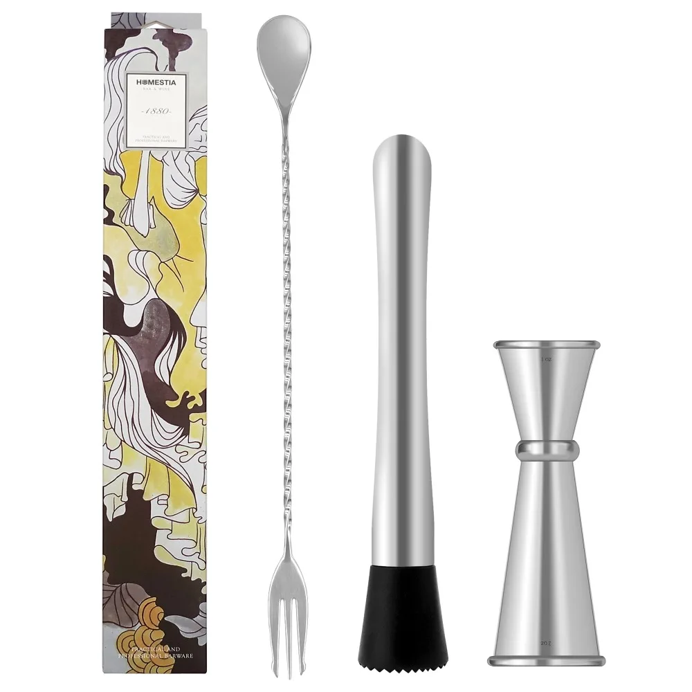 Silver Cocktail Muddler Mixing Spoon and Jigger Stainless Steel by Homestia Tool for Mojito and
