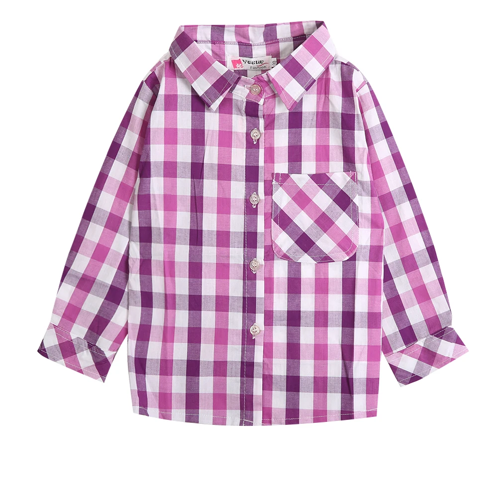 2 7Y Kids Girl Plaid Shirt Autumn Casual Clothes Children Girl Turn Down Collar Purple Long