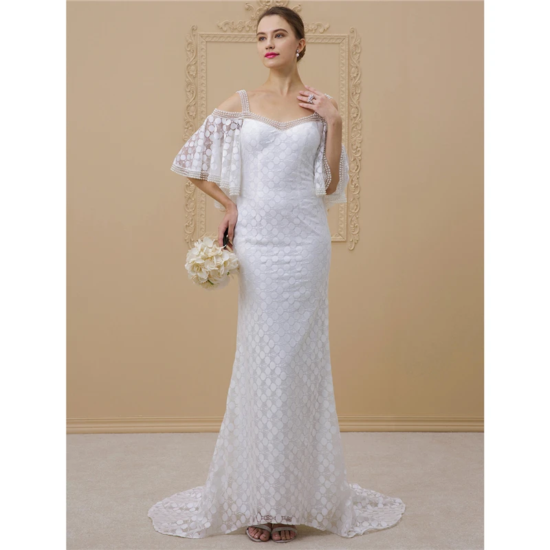 LAN TING BRIDE Sheath Column Wedding Dress Half Sleeves Strapless