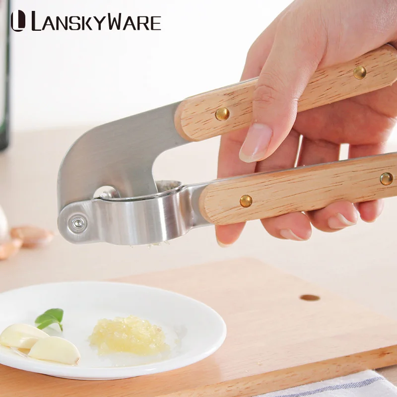 

LANSKYWARE 304 Stainless Steel Garlic Press With Wooden Handle Garlic Crusher Cutter Ginger Press Slicer Kitchen Accessories