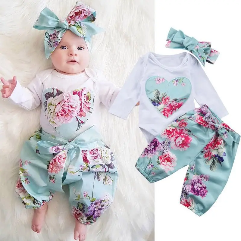 Одежда для новорожденных девочек; Детский комбинезон с цветочным принтом и сердечками; штаны с бантом; Милая повязка на голову для маленьких девочек; комплекты одежды из 3 предметов