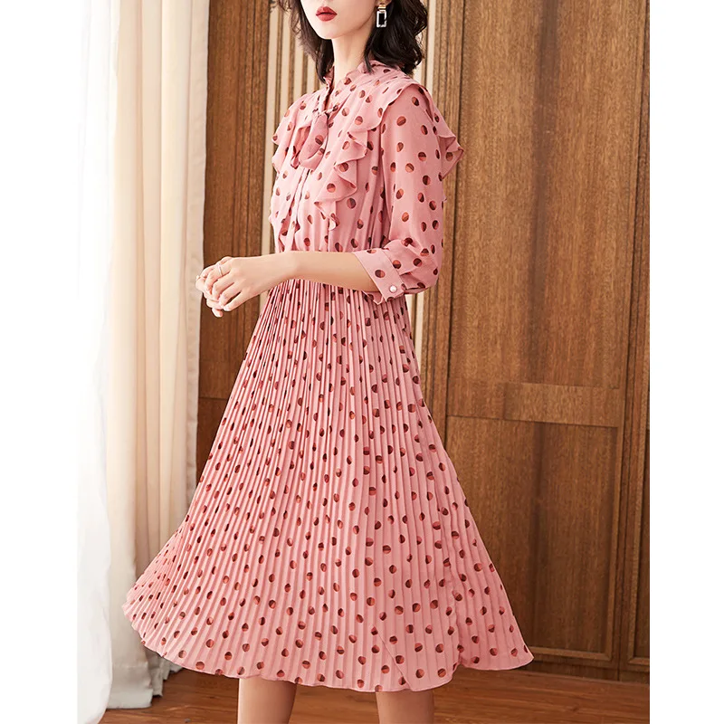 Chiffon Pleated Dress Summer Half Sleeve Slender Immortal Point Dot
