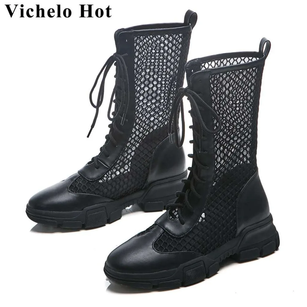 

Vichelo Hot handsome girls motorcycle boots cow leather breathable mesh lace up European designer round toe summer boots L57