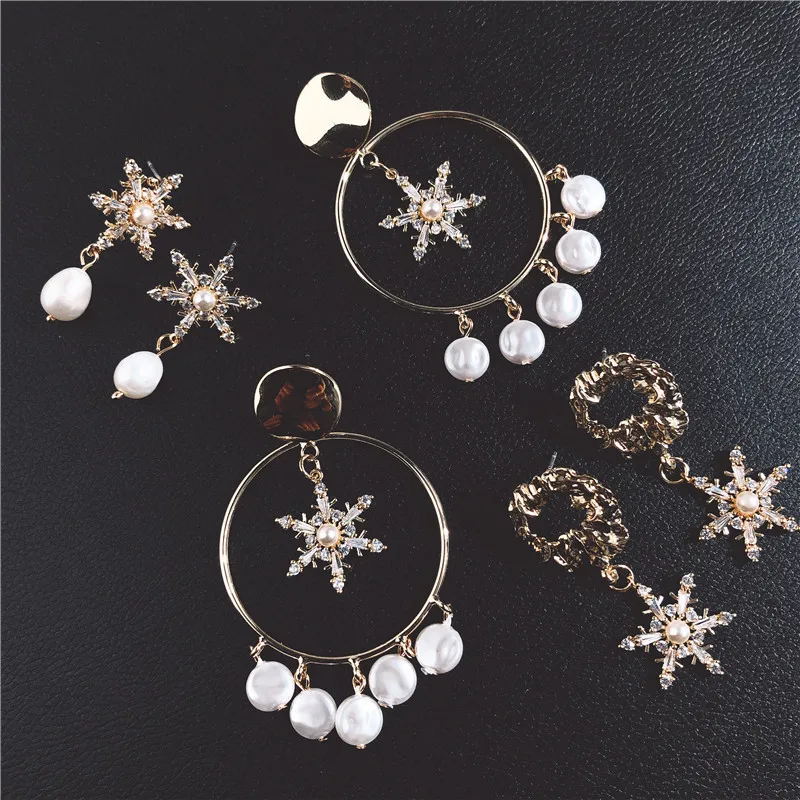

New Gold Color Elegant Crystal Rhinestone Snowflake Long Tassel Drop Earrings For Women Freshwater Pearl Jewelry Pendientes Gift
