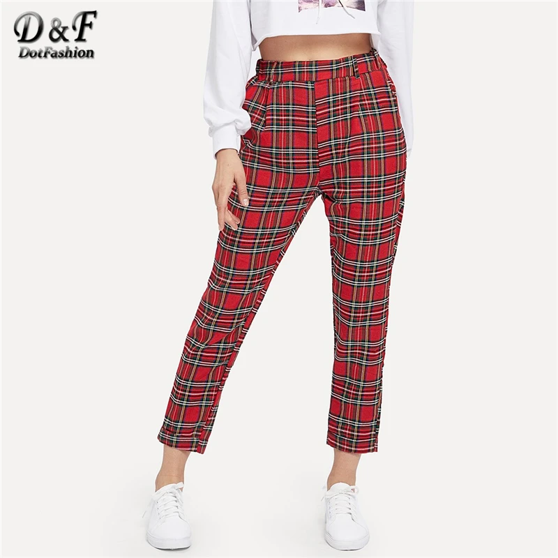 

Dotfashion Red Plaid Pocket Detail Warm Pants Casual Winter Clothing Trousers Women 2019 Autumn Fashion New Womens Bottoms Pants
