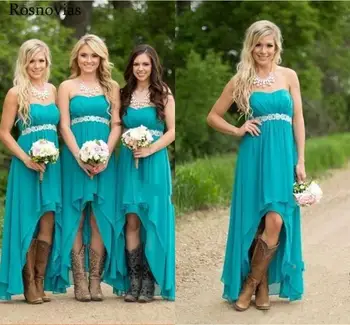 

Country Chiffon Bridesmaid Dresses 2019 Sweetheart Peplum High Low Cheap Teal Turquoise Beach Wedding Guest Party Gowns Custom