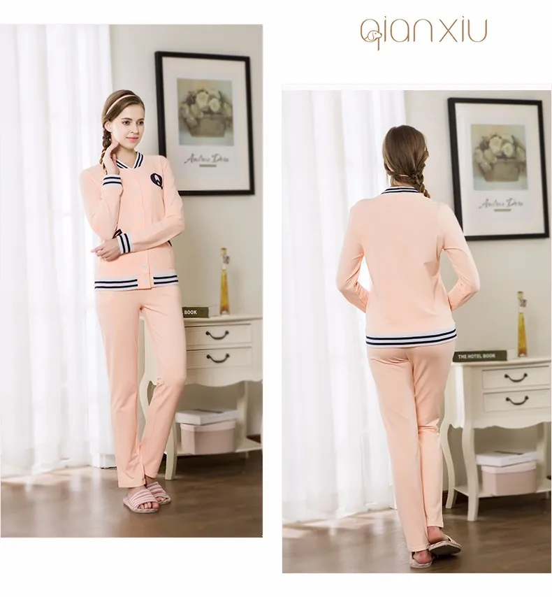 New Spring Autumn Couples Long Sleeve Stripe V Collar Cuffs Diagonal Pocket Cotton Home Clothes Suit Buttom Cardigan Sleepwear